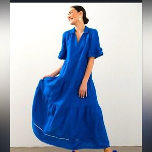 Chico’s Tiered Linen Maxi Sundress Sz 2 Royal Blue